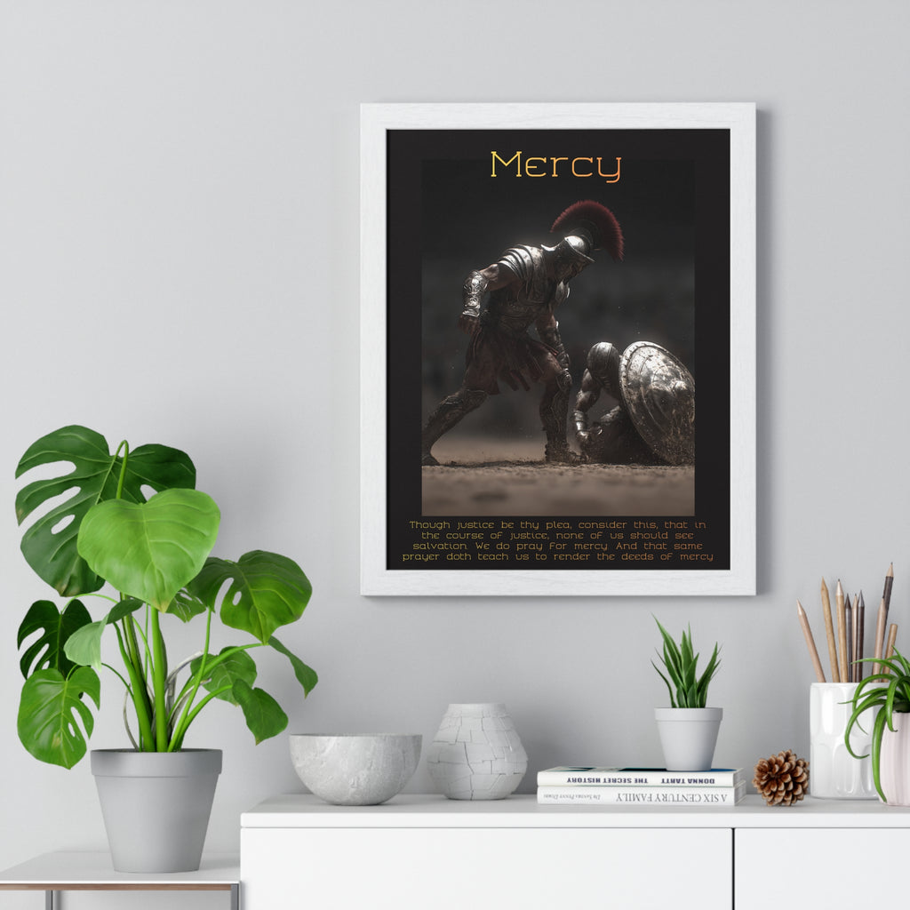 "Mercy" - Roman Gladiator Themed Vertical Framed Poster | Compassionate Wall Art