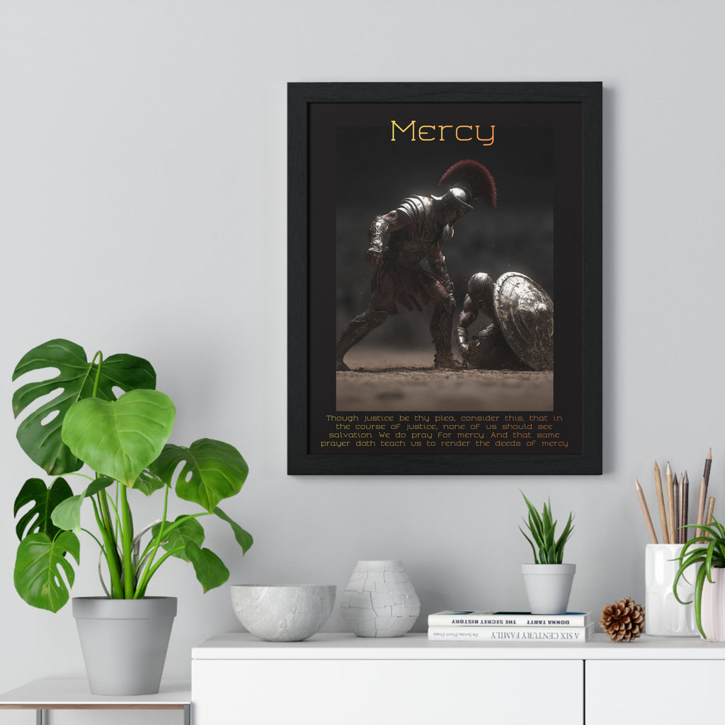 "Mercy" - Roman Gladiator Themed Vertical Framed Poster | Compassionate Wall Art