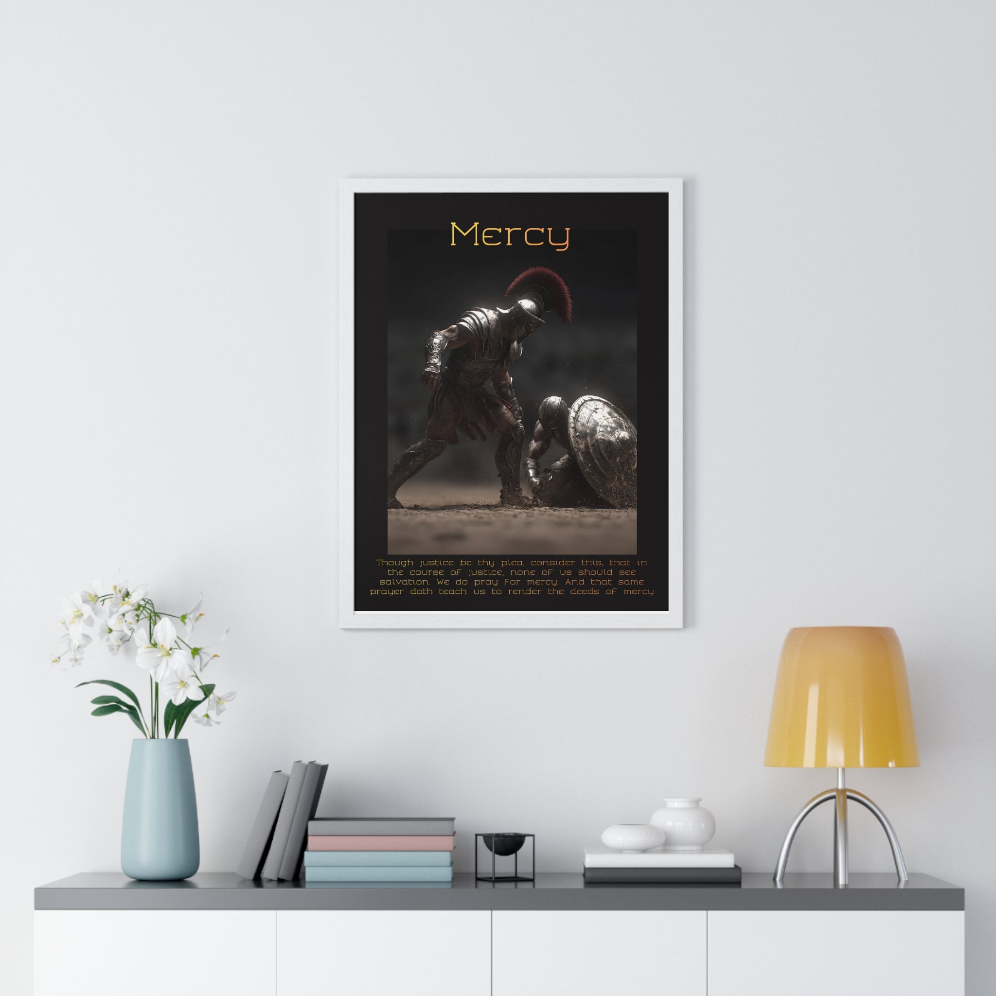 "Mercy" - Roman Gladiator Themed Vertical Framed Poster | Compassionate Wall Art