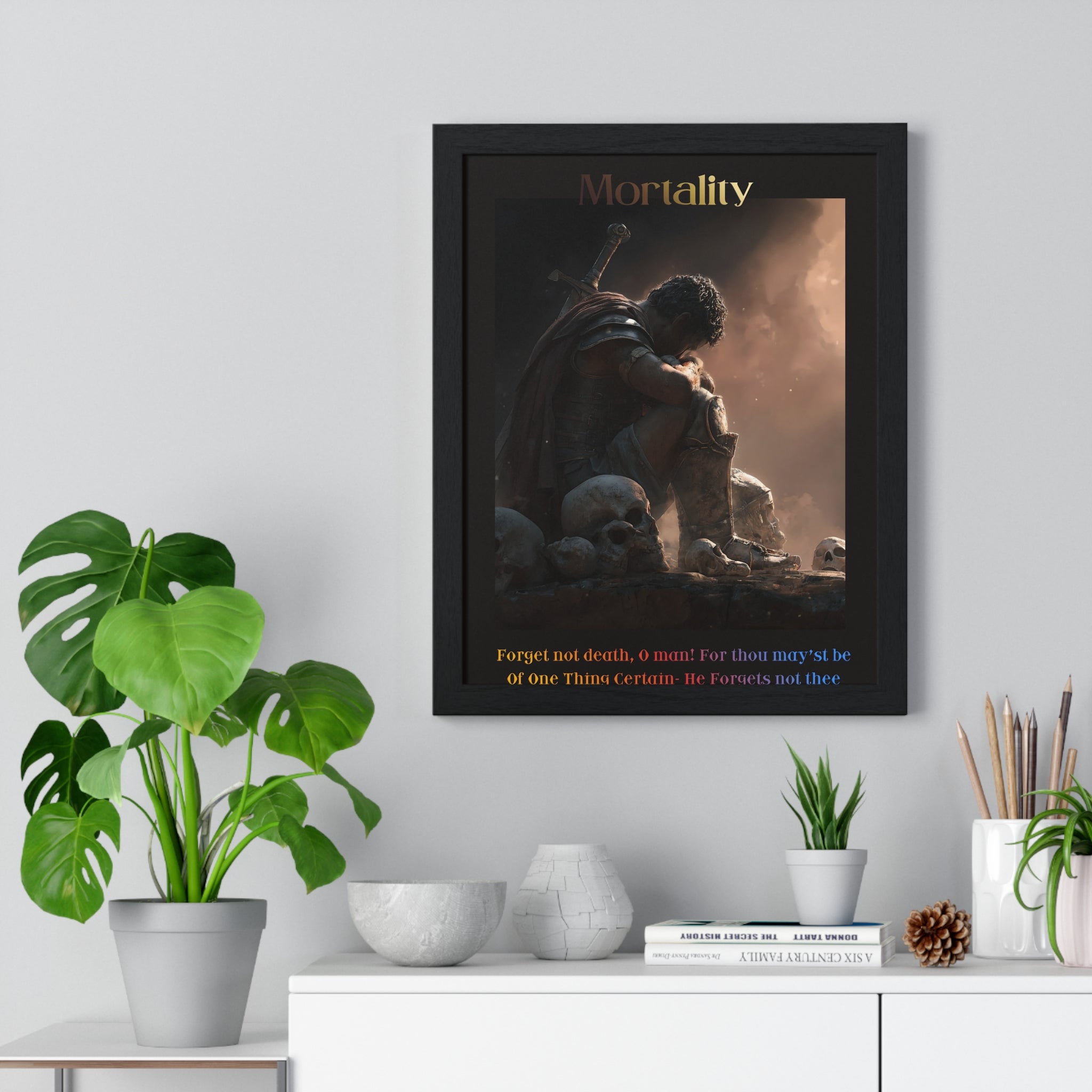"Mortality" - Roman Gladiator Themed Vertical Framed Poster | Memento Mori Art