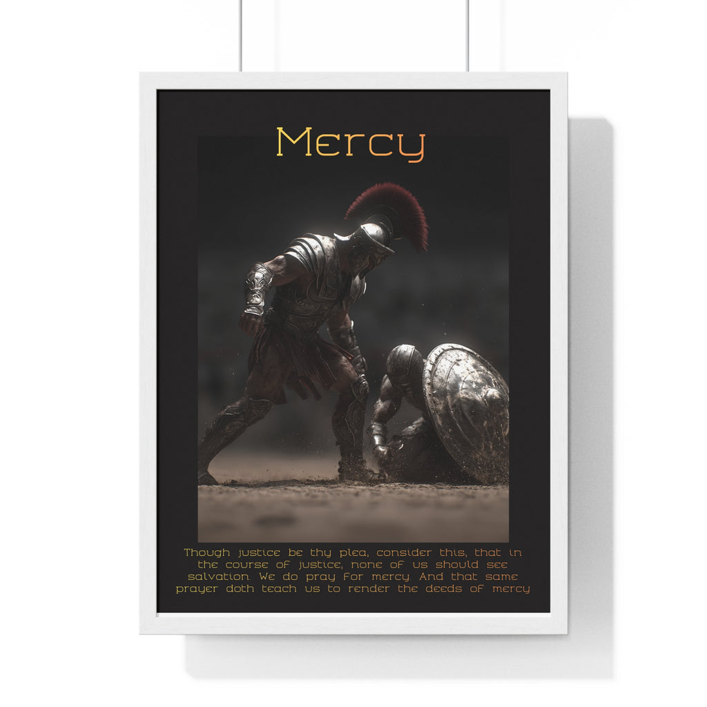 "Mercy" - Roman Gladiator Themed Vertical Framed Poster | Compassionate Wall Art