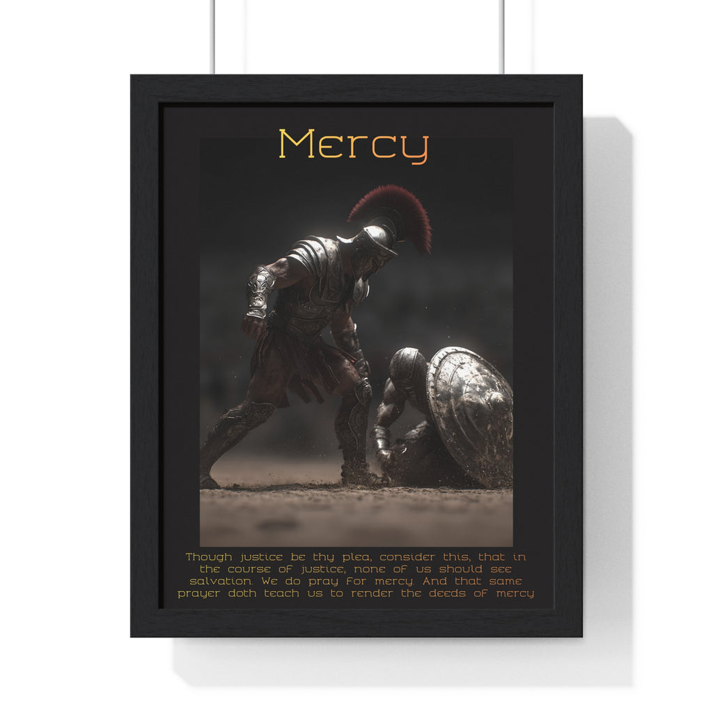 "Mercy" - Roman Gladiator Themed Vertical Framed Poster | Compassionate Wall Art