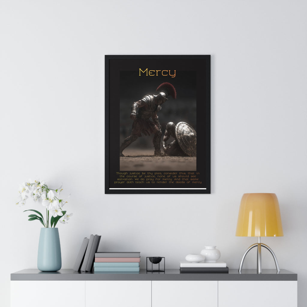 "Mercy" - Roman Gladiator Themed Vertical Framed Poster | Compassionate Wall Art